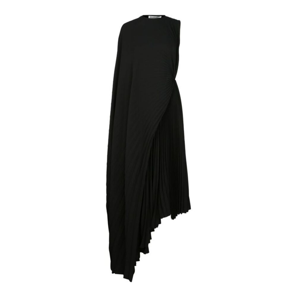 Balenciaga Asymmetric Pleated Draped Dress Black Womens